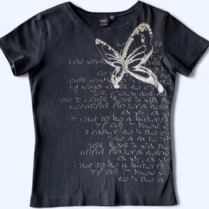 Y2K ESPRIT Womens Black Sequins Butterfly Fairy Core Goth Grunge Boho T-Shirt